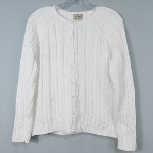 VTG LL Bean Cable Knit Cardigan White Cotton Fisherman Cottage Womens Medium